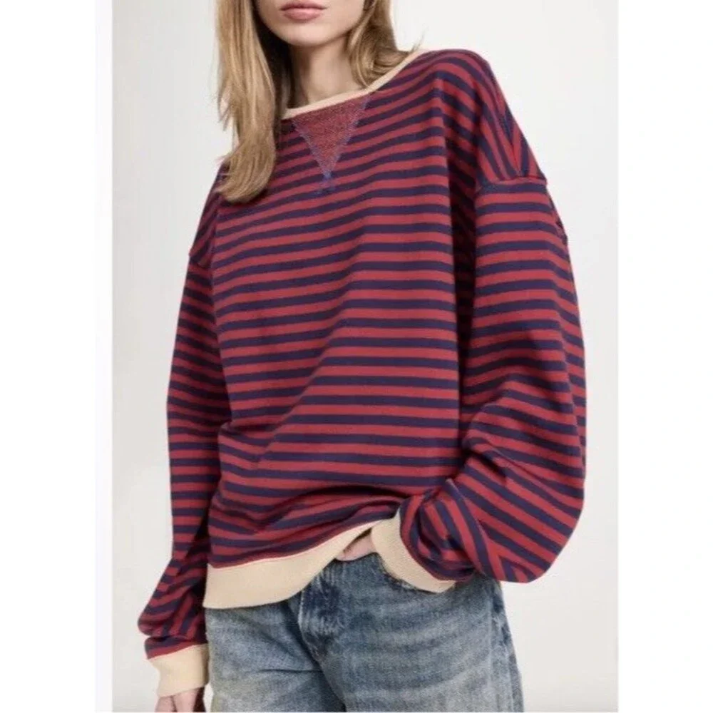 FREE PEOPLE NAUTICAL COMBO CLASSIC STRIPED OVERSIZED CREWNECK SWEATSHIRT L